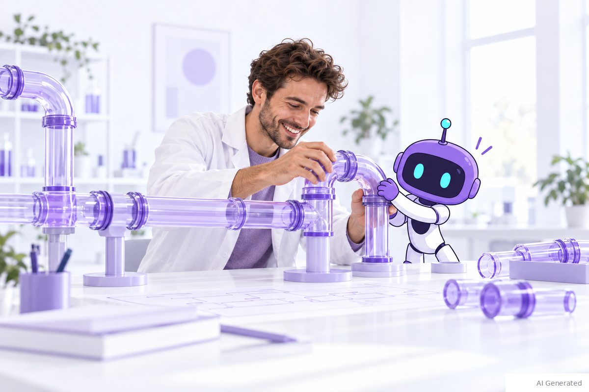 An engineer in a laboratory coat and an aiQLT agent assemble data pipelines on a workbench.
