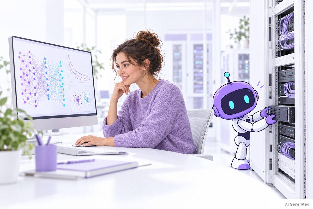An engineer and an ai agent work on model training beside a private server rack.