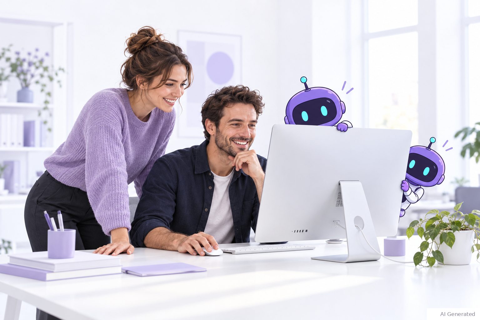 Two professionals share a desktop computer while aiQLT agents  peek over the screen.