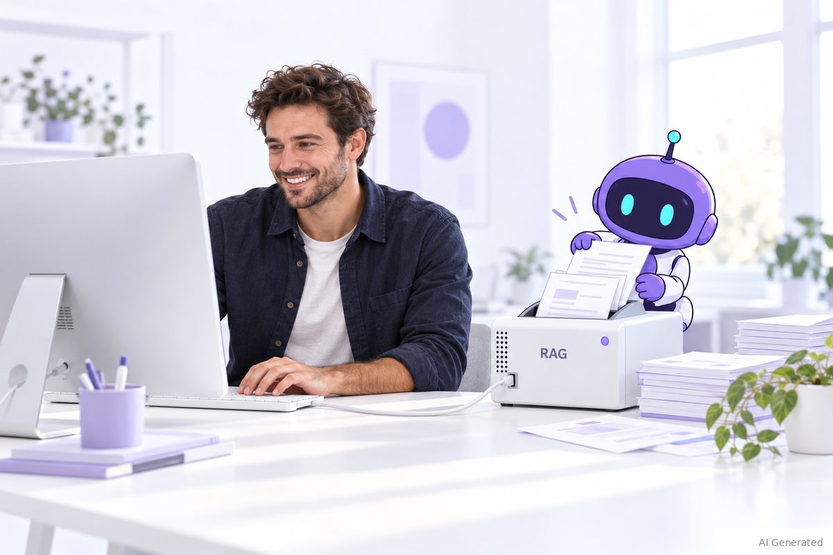 A robot feeds documents into a RAG appliance connected to an office computer.